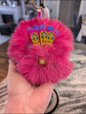 Kurt Geiger Hot Pink Faux Fur Pom Bag Charm Key Chain Jewel Accent